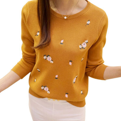 

Autumn Winter Women Fashion Slim Plum Embroidery Round neck Bottoming Sweater Long-sleeved Pullover