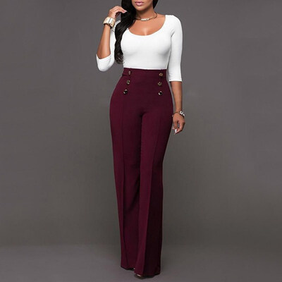 

Women Casual Stretch Trousers Female Solid Elastic Work High Waist Decorative Buttons Loose Slim Straight Pants Women 5 Colors