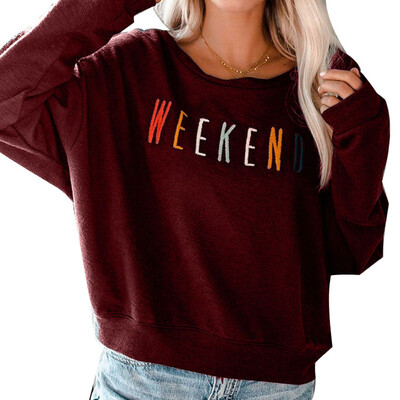 

New Women Fashion Round Neck Letter Weekend Pullover Top Casual Loose Long Sleeve Sweatshirt Tops