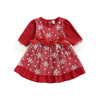 

Autumn Newborn Baby Kid Girl Long Sleeve Cotton Dress Cute Christmas Style Snowflake Bowknot Decoration Printing Princess Dress