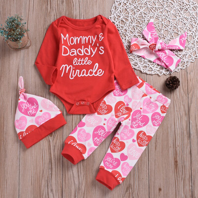 

Valentine Day 4PCS Cute Baby Boys Girls Letter Red Romper Tops Long Sleeve Pants Legging Hat & Headband Outfit Clothes Sets