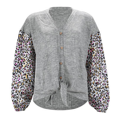 

Autumn Women Long Sleeves V-neck Stitching Knit Shirt Button Leopard Tops