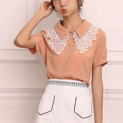 

White Lace Shirts Summer Spring Short-sleeve Lapel Loose Women Blouse And Tops Solid Color Slim Soft blusas mujer de moda 2019