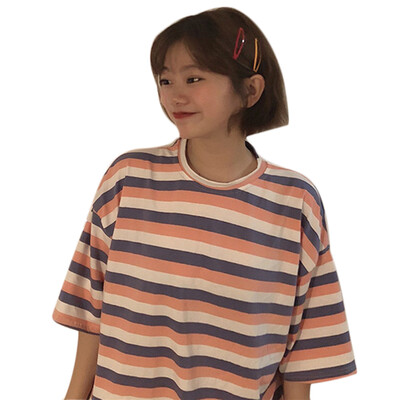 

New T Shirt Women Rainbow Striped Tops 2019 Summer Loose Short Sleeve Korean Punk T-shirt camiseta feminina Harajuku Tshirt