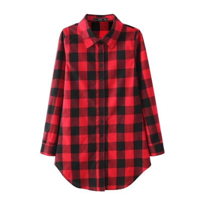 

Women Blouses Long Shirts Single Breasted Plaid Cotton Shirt Wild Casual Streetwear Shirt