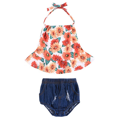 

teenage girls clothing sling flower cotton soft two-piece sun flower top dark blue shorts for 0-3T