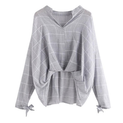 

WEIXINBUY Long Sleeve V-Neck Fold Blouse Casual Loose Blouse Bow-knot Sleeve Asymmetric Shirt Striped Plaid Tops Female
