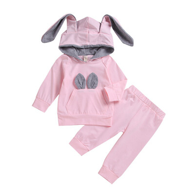 

2019 New Autumn Baby Girls Adorable Solid Outfits Set Toddler Warm Hoodie Rabbit Ear Sweatshirt Trousers Pants Clothes