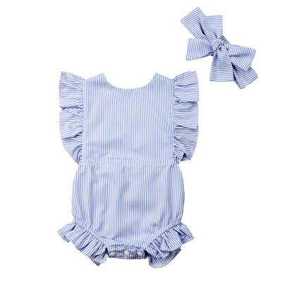

Summer Newborn Baby Girls Cute Rompers Set With Headband 2 Pcs Flare Sleeve Striped Print Jumpsuit Baby Girls Rompers