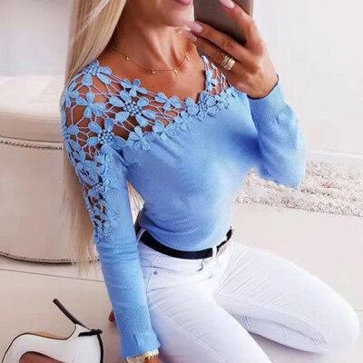 

Womens V Neck Long Sleeve Hollow Out Design High Low Hem Tops Blouse T-Shirt