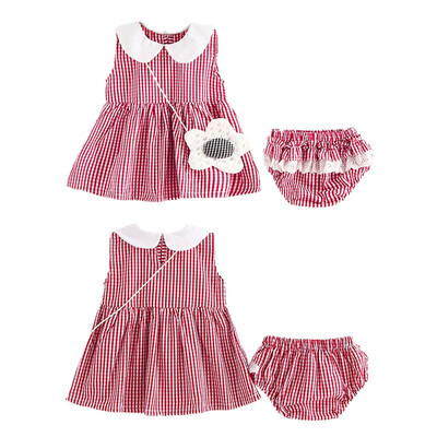 

High Quality Cute Baby Girl Dress Children Cotton Polyester Summer Sleevsless Solid Plaid Flower Bag Lace O-Neck Princess Sets