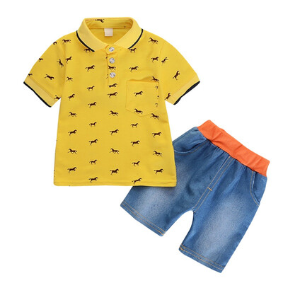

Hot baby boy clothes children cute cartoon pony print lapel short sleeve shorts suit for 0-4 years old