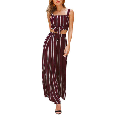 

Sexy Two Piece Sets Women Stripe Tank Top Wide Leg Pants Female Bow Crop Top Shirts Loose Long Trousers 2 Piece Sets