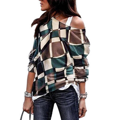

Women Long-Sleeves Spring Autumn Loose Printing Inclined Shoulder Tops