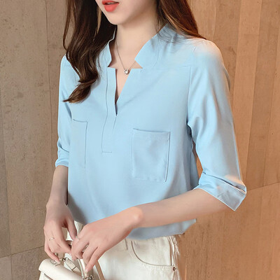 

Womens Loose Pockets V-Neck Half Sleeve Office Lady Chiffon Pullover Sun Protection Blouse