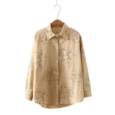 

Female Cotton Face Printing Full Sleeve Lapel Shirts Women Tops Ladies Clothing blusa feminina New Autumn Blouse Shirt