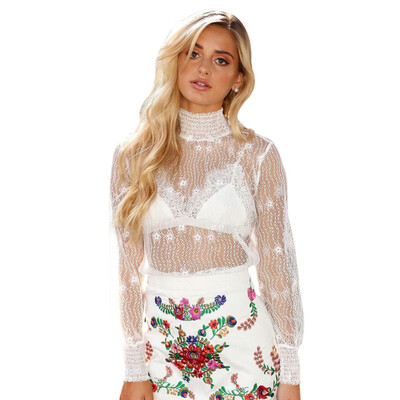 

New Lace Womens Shirt Women Turtleneck Perspective Shirts Slim Summer Tops White Female Long Sleeves White Blusas Femininas