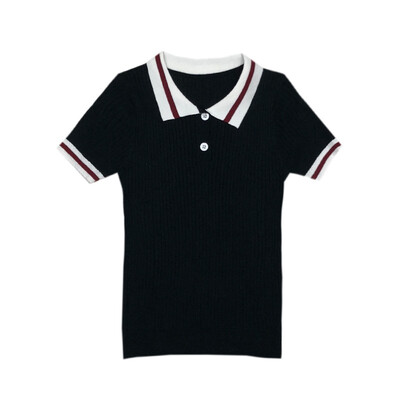 

Summer Women New Style Elegant Novel Fashion Design Lapel Contrast Knitted Shirts Short-sleeved Striped Slim Womens Tops