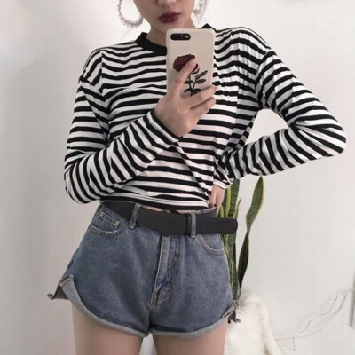 Women Striped Cropped Tops Long Sleeve Tee Shirts Plus Size Crew Neck Pullover