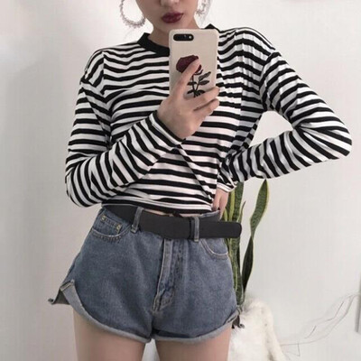 

Women Striped Cropped Tops Long Sleeve Tee Shirts Plus Size Crew Neck Pullover