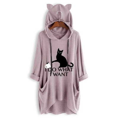 

Tanersoned Cute I Do What I Want Blouses Cat Graphic Long Sleeve Loose Womens Casual Hooded Shirts