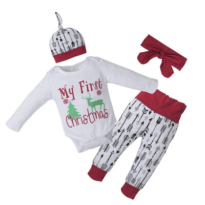 

Hot Sale Christmas Childrens 4 Piece Set Long Sleeve Romper Pants Headwear Hat Set Kids Baby Clothing Set