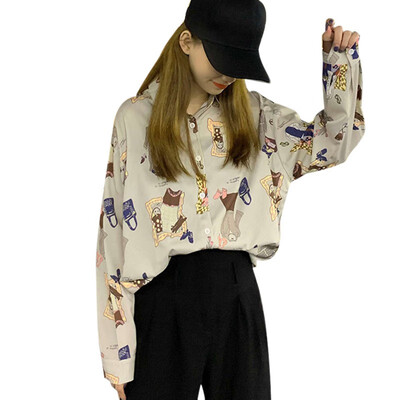 

Female Cardigan Tops Casual Long Sleeve Turn-down Collar Shirt Blusa Women Fashion Personality Printed Loose Blouse Shirt