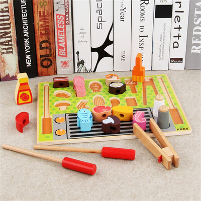 

YIWULAKids Wooden Barbecue Set Pretend Play Cooking Playset Toddler Wood Food Toys