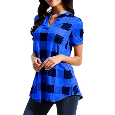 

2019 New Arrival Women Shirts Fashion Plaid Printed Short Sleeve V-Neck Irregular Hem Blouse Ladies Blouses Female blusas mujer