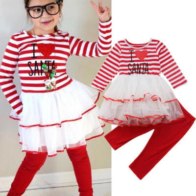 

US Christmas Toddler Baby Girl Striped Lace Dress Top Pants Xmas Outfits Clothes