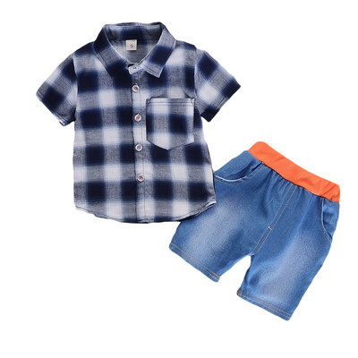 

summer Baby Boys Clothes Plaid Short Sleeve Shirt Denim Shorts Two-Piece Set