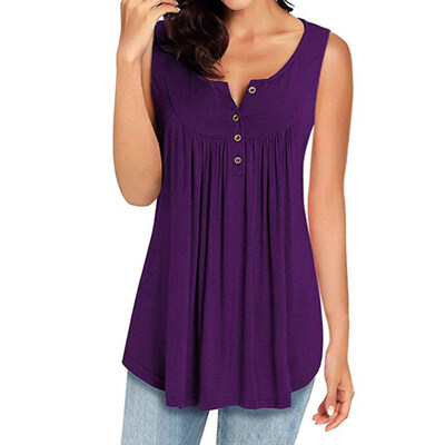 

Summer Women Casual Solid Color Buttons Pleated Loose Sleeveless Tank Top Vest