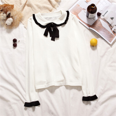 

Women Sweater Turn-Down Collar Bow Sweet Sweater Long Sleeve Autumn Knitted Pullovers Korean Fashion Kawaii Female Tops