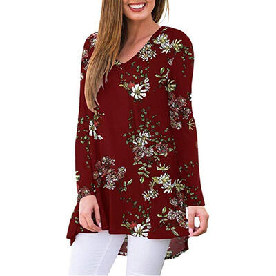 

Women Long-Sleeves Autumn Winter V-Neck Floral Tops Ladies Loose T-Shirt