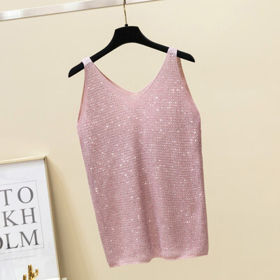 

Sleeveless Tank Tops Sexy Women V-Neck Knitted Camisole Club Spaghetti Metal Strap Camis Thin Shiny Glitter