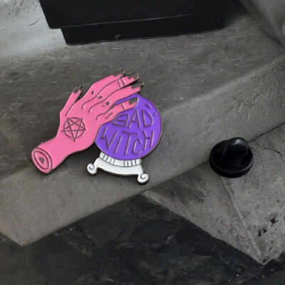 

Bad Witch Pin Crystal Ball Witch Hands Black Cat Skull Head Pin Set Hard Enamel Pin Halloween Jewelry