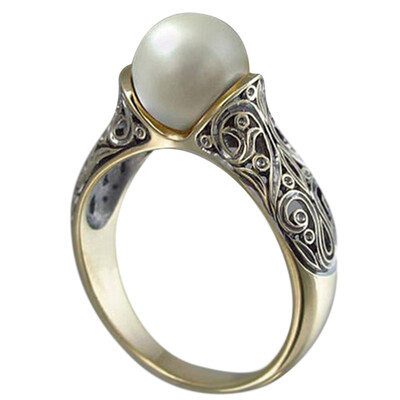 

Fashion Wedding Ring For Women Yellow Gold Plated White Pearl Ring Size 6-10
