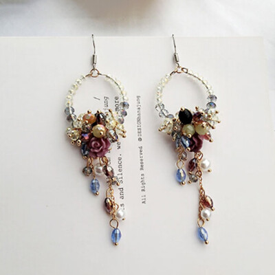 

Fashion Women Colorful Crystal Flowers Beaded Long Earrings