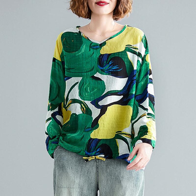 

Women Vintage Loose Blouse Printed Long Sleeves Drawstring Oversized Plus Size Cotton Linen Spring Autumn Casual Tops