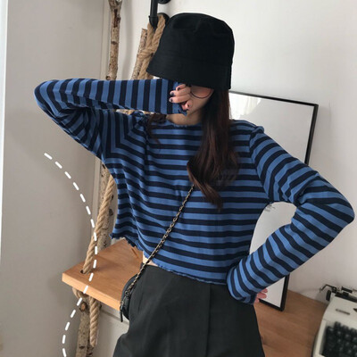 

Harajuku T Shirt Women Autumn Loose Round Collar Tshirt Autumn Stripes Print Loose Long Sleeve Casual Simple Wild T-Shirt Tops