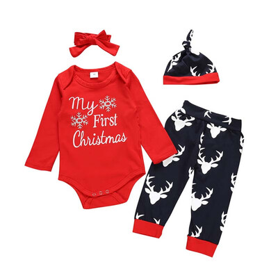 

Christmas 4Pcs Baby Girl Boy Letter Outfits Sets Infant Cotton Long Sleeve Romper Trousers Headband Hats