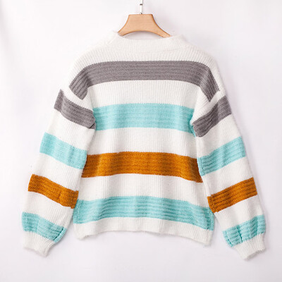 

Women Color Striped Drop Sleeve Over-sized Crew neck Sweaters Knitted Pullover Jumper Tops