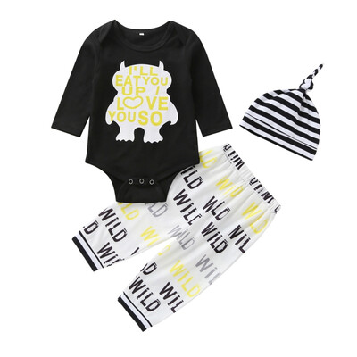 

Autumn Baby Boy Girl Long Sleeve Letters Print Romper Tops Trousers Striped Hat Outfits Clothes