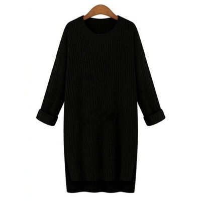 

Women Winter Long Thick Sweaters Irregular O-Neck Long Sleeve Solid Knitted Tops Female Pullovers Split Sweaters