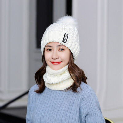 

2pcsSet Women Winter Warm Pom Hat Cap Scarf Neck Thickened Plush Wool Knit