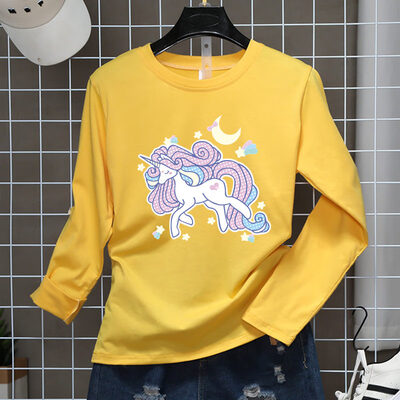 

Women Spring And Autumn Round neck Cartoon Print Tops Fashion Wild Long-sleeved T-shirt Powder 4 Colors -L Size
