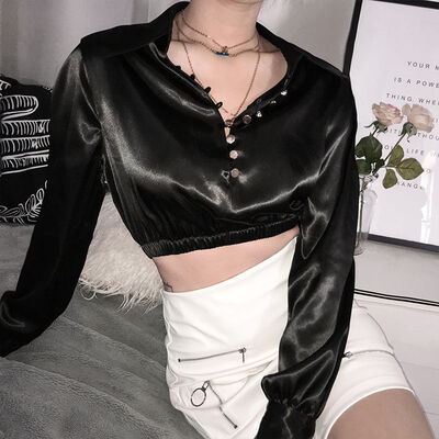 

Fashion Women Blouse Sexy V Neck Exposed Navel Satin Solid Color Blouse Long Sleeved Casual Shirt Wild Tops