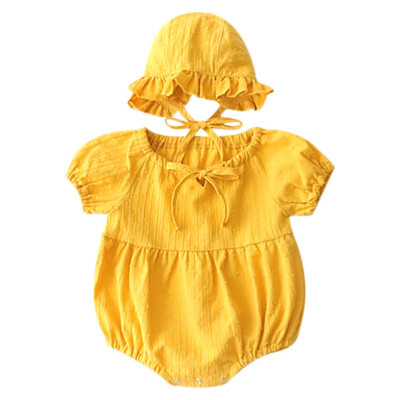 

Lovely Infant Summer Round Collar Puff Sleeve Solid Color Girls Jumpsuit Climb Soft Hat 2pcs Set 0-3Y Newborn Clothes