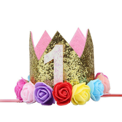 

Baby Boy Girl Birthday Party Hat Headwear Elastic Headband Glitter Number Flowers Crown