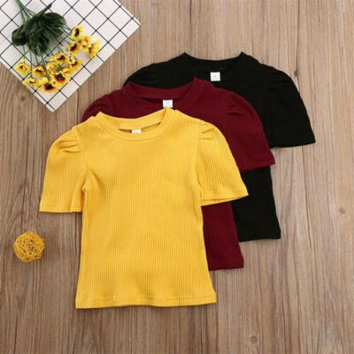

US Kids Toddler Baby Girls Short Sleeve Knitted Tops Solid T Shirts Clothes set